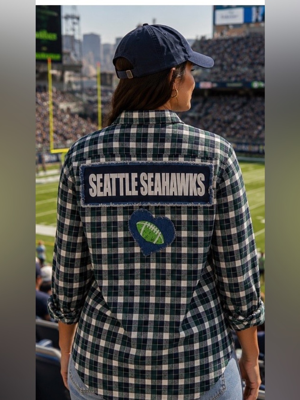 Upcycled Seahawks Denim Shirt. Seattle Football Fan. Large.